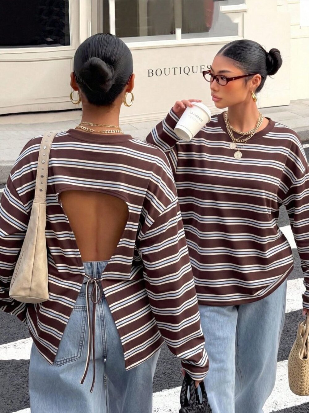 Multicolor Casual Women's Backless Drop-Shoulder Striped Long Sleeve T-Shirt